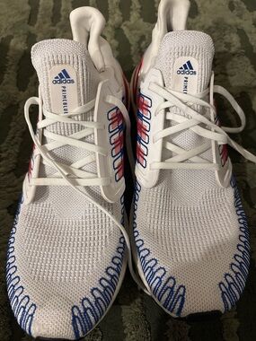 adidas White Primeblue Knit Sneakers with Blue & Red Details